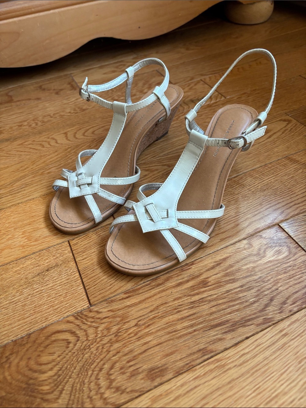 Roberto Vianni White T-Strap Wedge Sandals